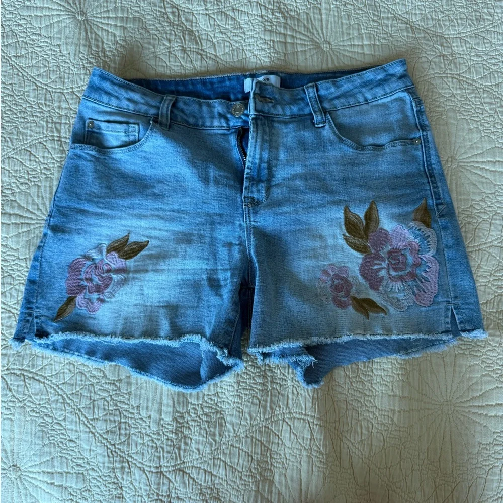 Kensie Blue Jean Shorts with Pink Floral Embroidery - Picture 1 of 4